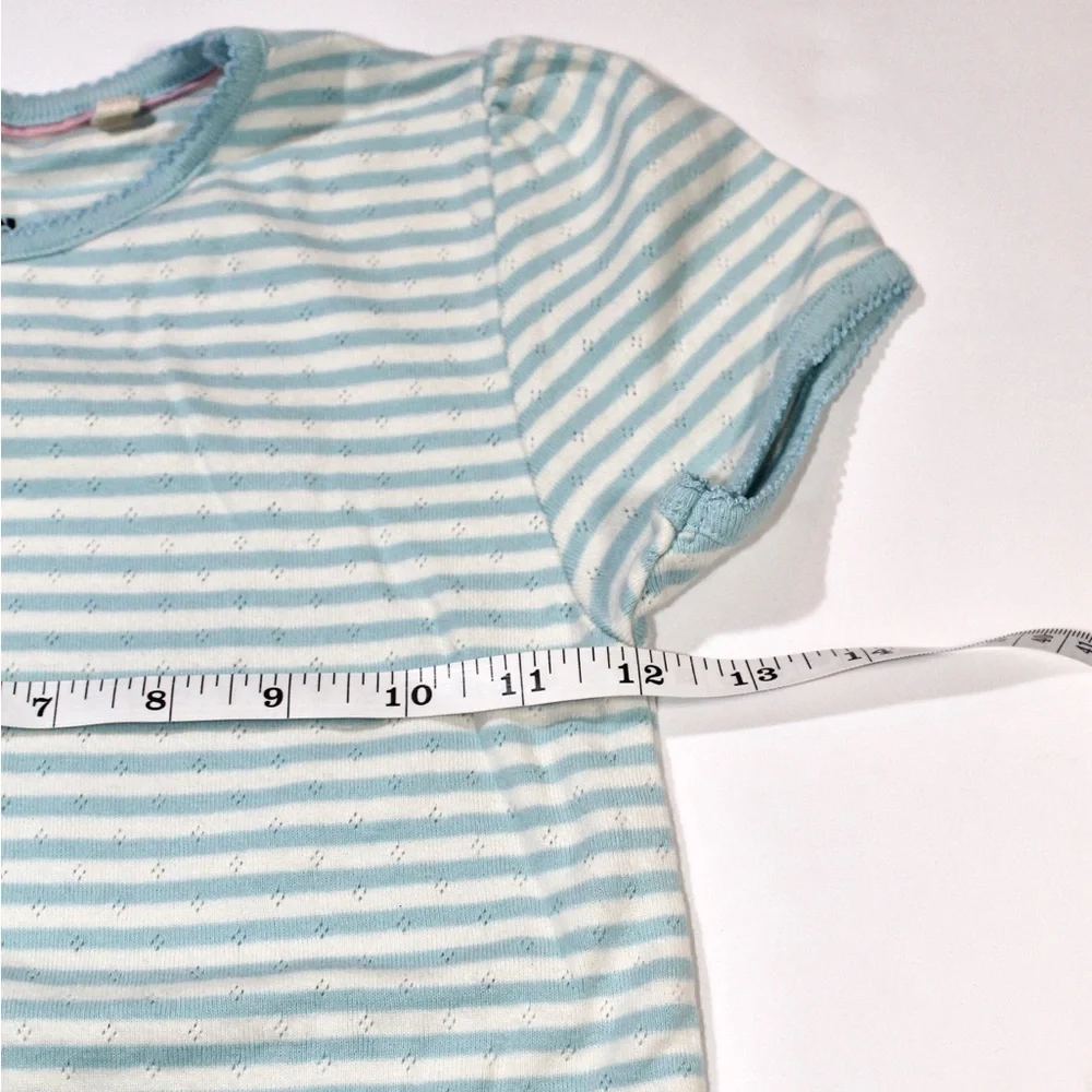 Mini Boden Girls Pointelle Striped Short-Sleeve Tee in Light Blue and White